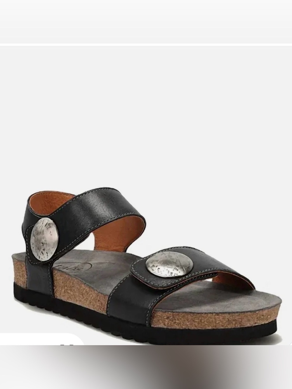 Taos Footwear Black Leather Two-Strap Sandal with Silver Medallions